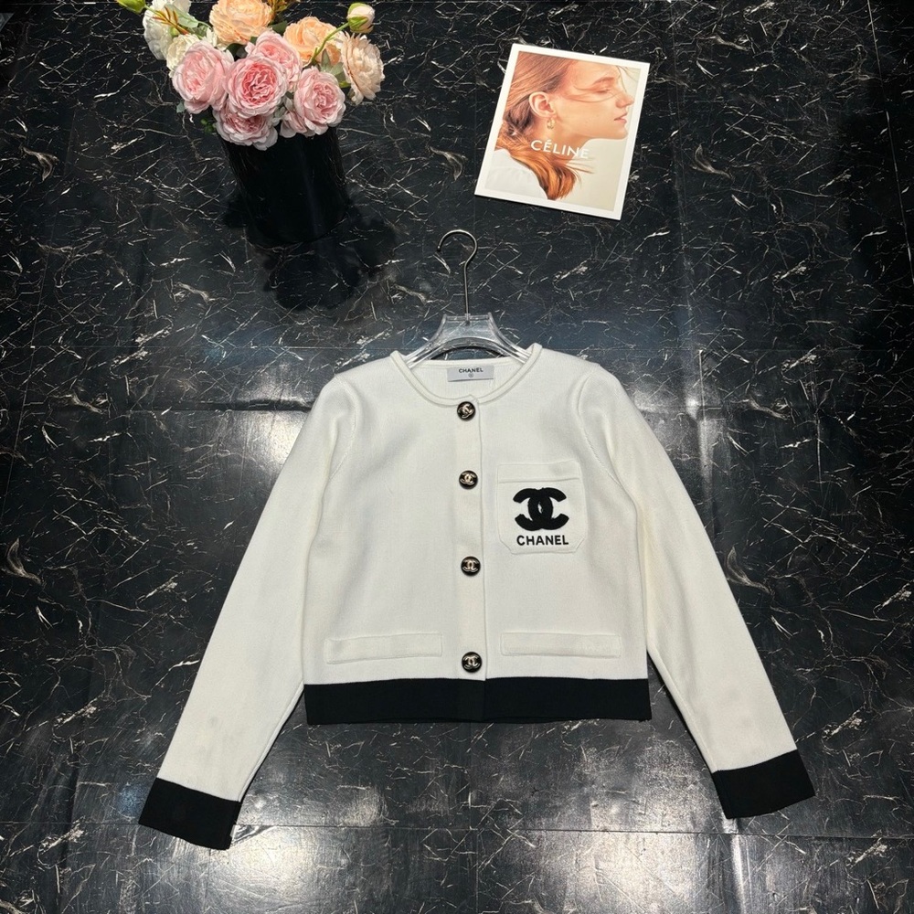 CHANEL White and Black Cardigan